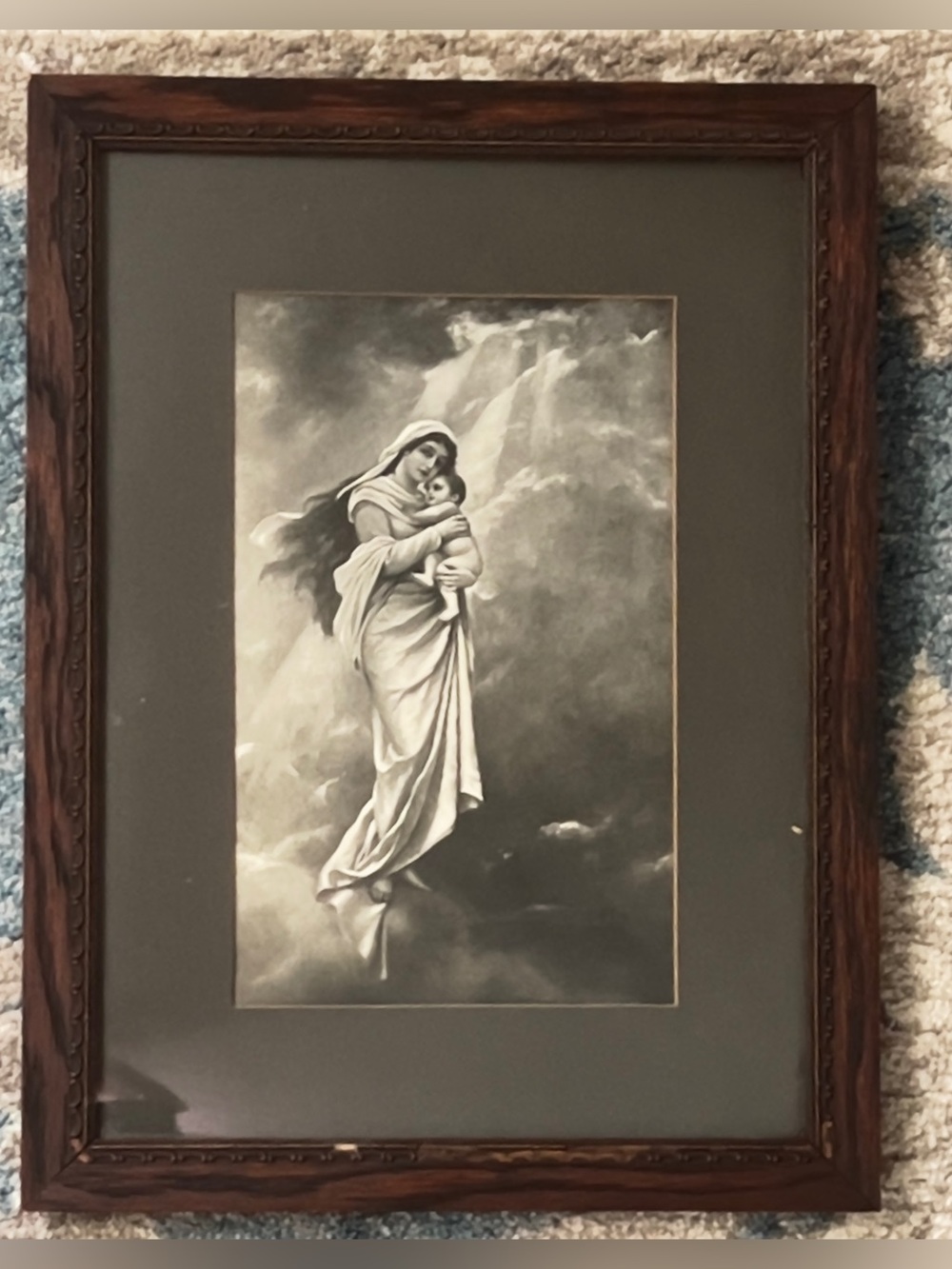 Antique Gabriel Max "Madonna of the Hills" Lithograph in Original Carved Frame